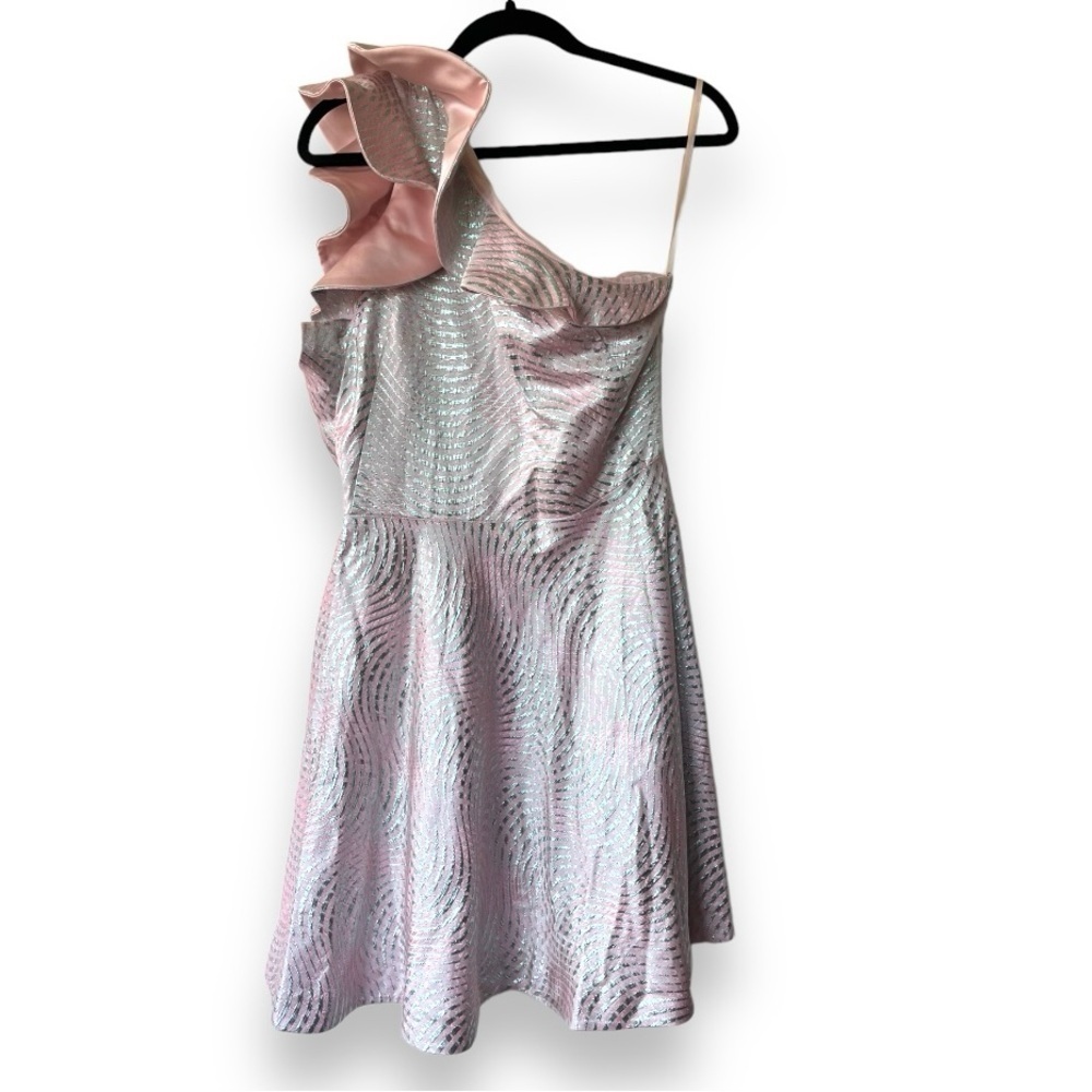 Nha Khanh Blush/Silver Metallic Ruffle One Shoulder Fit & Flare Caspian Dress